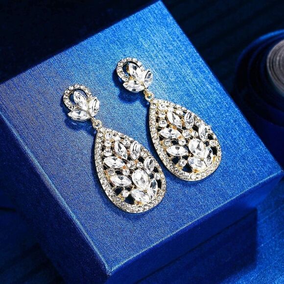 Yellow Gold with White Diamond Austrian Crystal Teardrop Chandelier Earrings - Picture 2 of 7